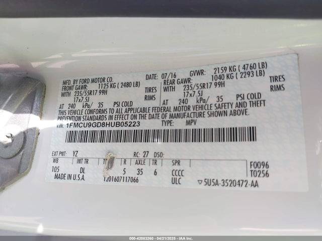 1FMCU9GD8HUB05223 Ford ESCAPE SE