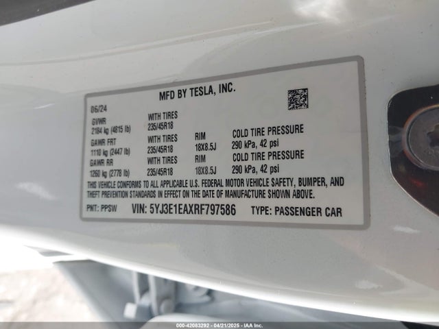 Aukcja sprzedaży 2024 Tesla Model 3, vin: 5YJ3E1EAXRF797586, numer aukcji: 42083292