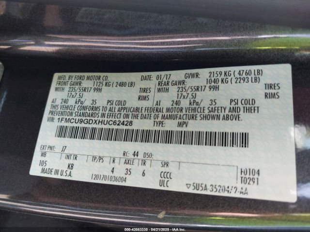 1FMCU9GDXHUC62428 Ford gtdi sigma w/premium fuel