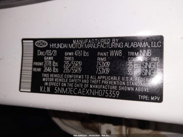5NMJECAEXNH075359 Hyundai Tucson Limited