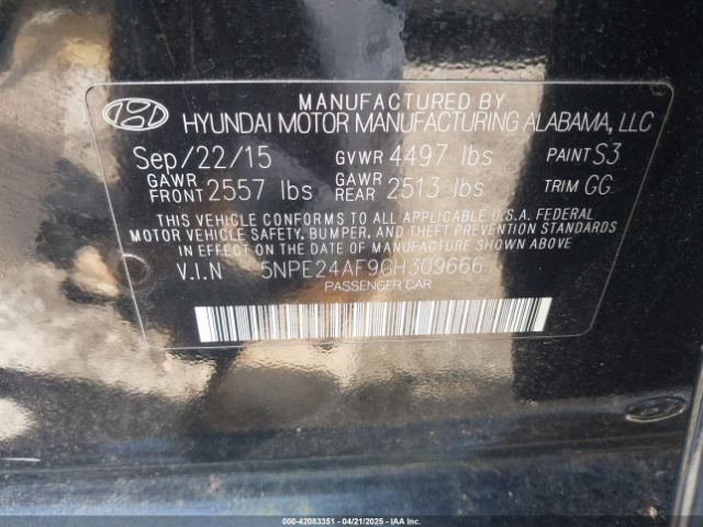 5NPE24AF9GH309666 Hyundai SONATA SE
