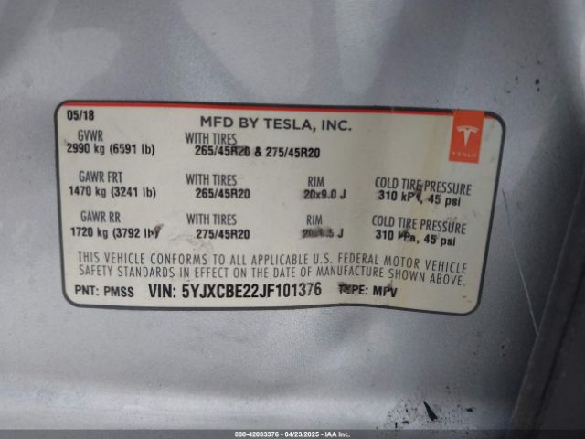 5YJXCBE22JF101376 Tesla Model X 100d/75d/p100d