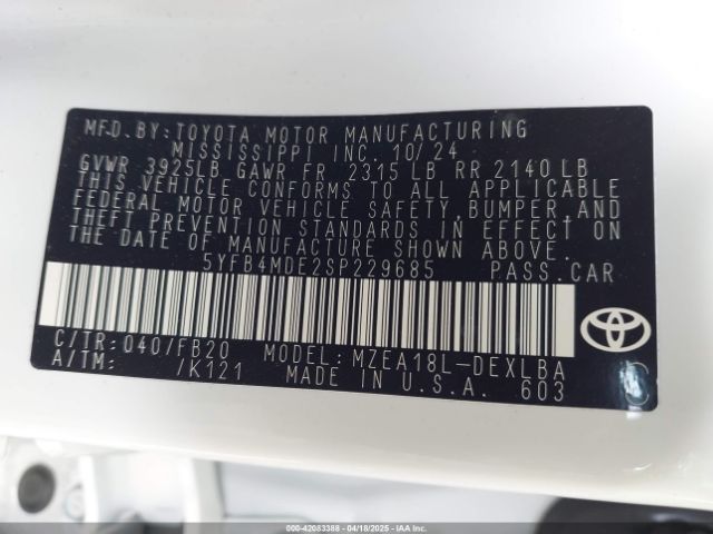 5YFB4MDE2SP229685 Toyota COROLLA LE