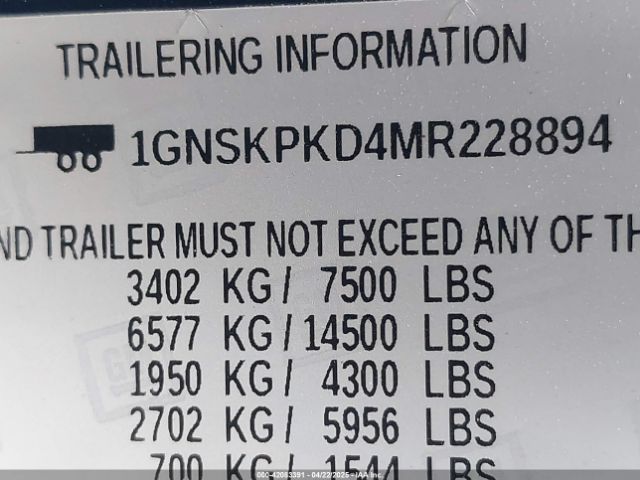 1GNSKPKD4MR228894 Chevrolet l84 - di, alum, gen 5, var 2