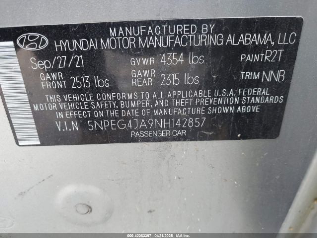 5NPEG4JA9NH142857 Hyundai SONATA SE
