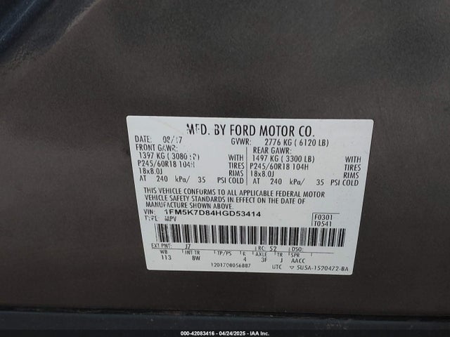Aukcja sprzedaży 2017 Ford Explorer Xlt, vin: 1FM5K7D84HGD53414, numer aukcji: 42083416