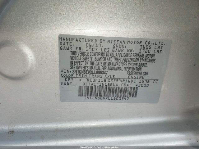 3N1CN8EVXLL800347 Nissan Versa Sv Xtronic Cvt