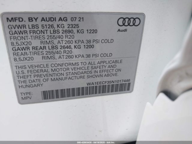 WA1EECF35N1017446 Audi Q3 Premium Plus 45 Tfsi S Line Quattro Tiptronic