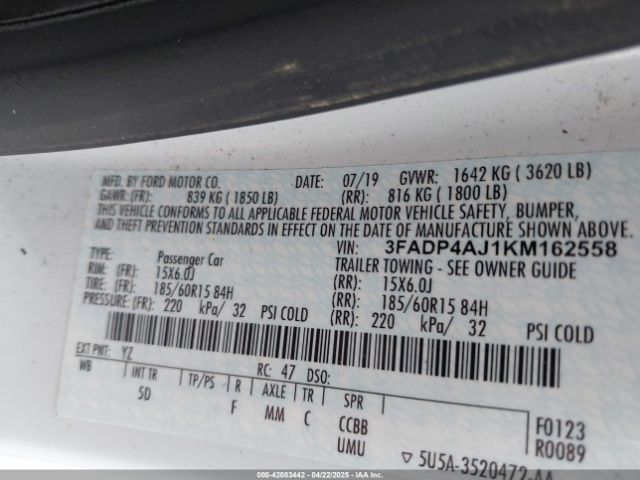 3FADP4AJ1KM162558 Ford FIESTA S