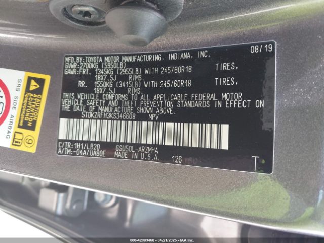5TDKZRFH3KS346608 Toyota Highlander Xle