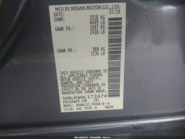 1N4BL4CWXKC173474 Nissan Altima 2.5 Sr