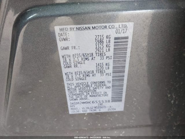 5N1DR2MM0HC655538 Nissan Pathfinder Sl