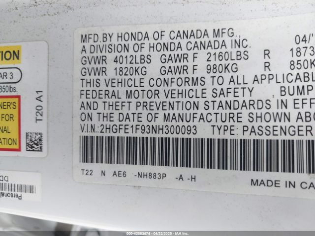 2HGFE1F93NH300093 Honda Civic Touring