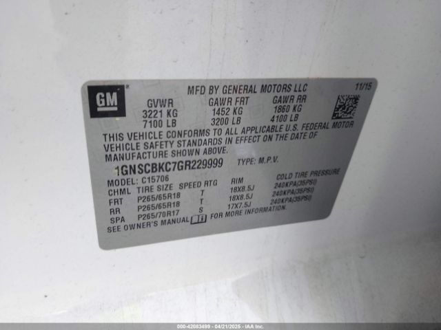 1GNSCBKC7GR229999 Chevrolet Tahoe Lt