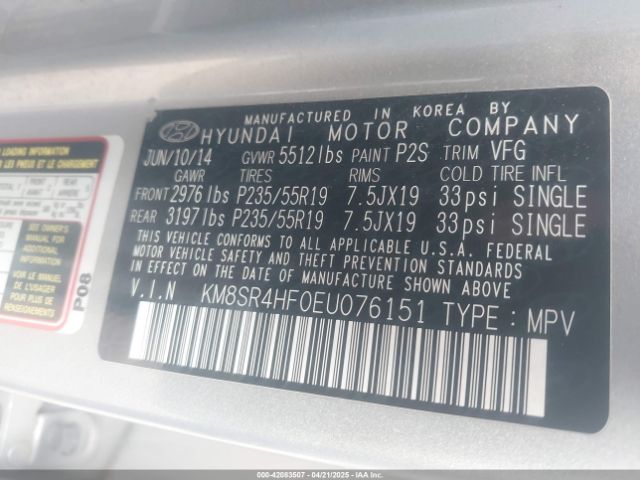 KM8SR4HF0EU076151 Hyundai Santa Fe Gls