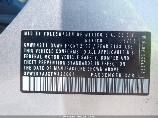 3VW2K7AJXFM423061 Volkswagen Jetta 2.0l S