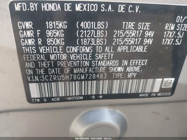 3CZRU5H78GM728483 Honda Hr-v Ex-l