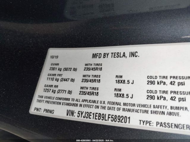 5YJ3E1EB9LF589201 Tesla Model 3 Long Range Dual Motor All-wheel Drive