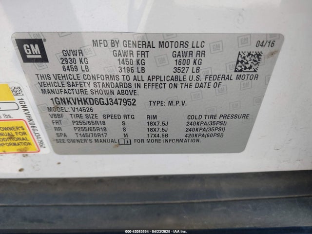 1GNKVHKD6GJ347952 Chevrolet Traverse 2lt