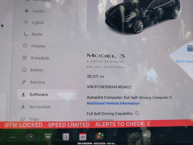5YJ3E1EB5KF453422 Tesla Model 3 Long Range/performance
