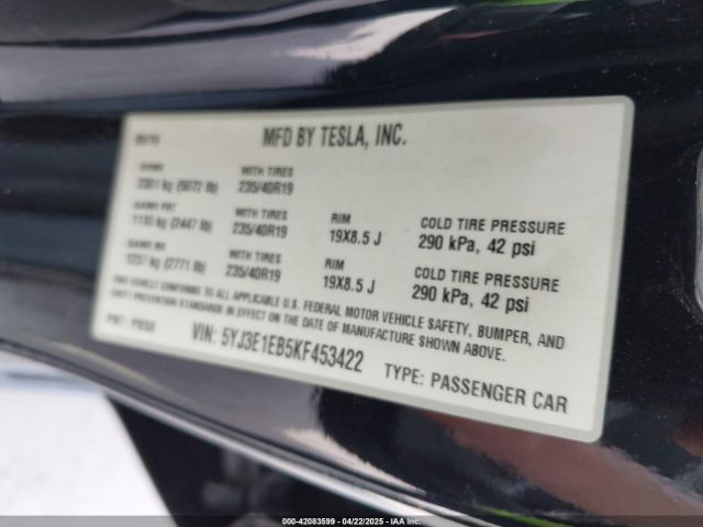 5YJ3E1EB5KF453422 Tesla Model 3 Long Range/performance