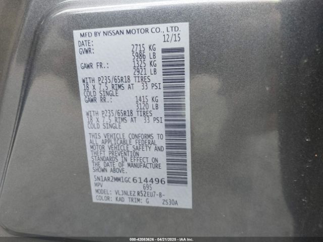 5N1AR2MM1GC614496 Nissan Pathfinder Platinum/s/sl/sv