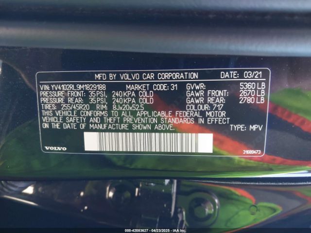 YV4102RL9M1829188 Volvo Xc60 T5 Inscription