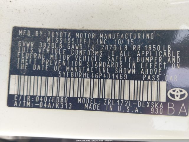5YFBURHE4GP401469 Toyota Corolla S Plus