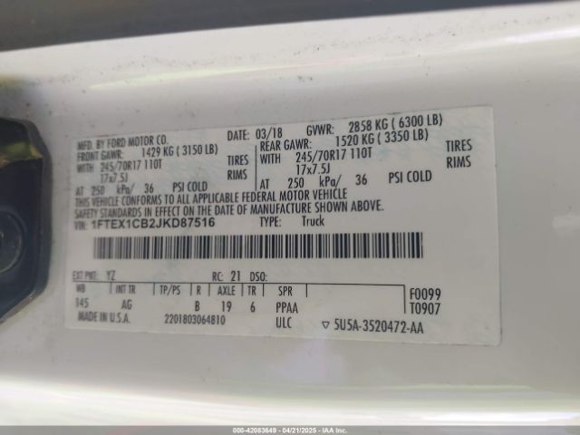 1FTEX1CB2JKD87516 Ford F-150 Xl