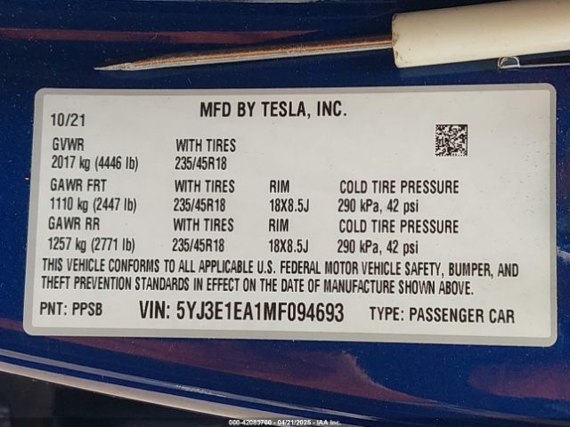 5YJ3E1EA1MF094693 Tesla Model 3 Standard Range Plus Rear-wheel Drive