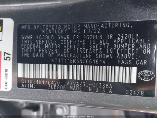 4T1T11BK5NU061614 Toyota Camry Se Awd