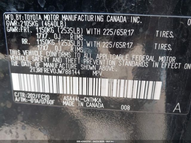 2T3RFREV0JW788144 Toyota Rav4 Xle
