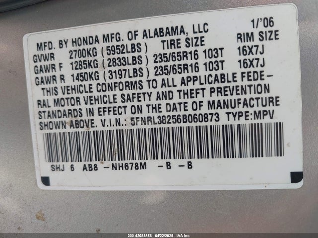 42083856 :رقم المزاد ، 5FNRL38256B060873 vin ، 2006 Honda Odyssey Lx مزاد بيع