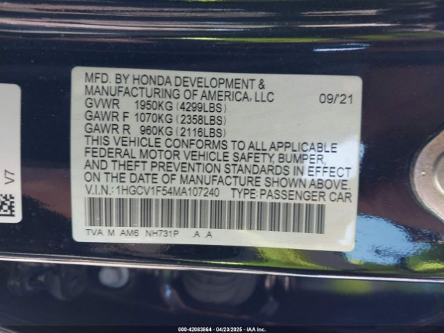 2021 HONDA ACCORD 1HGCV1F54MA107240 Photo 8