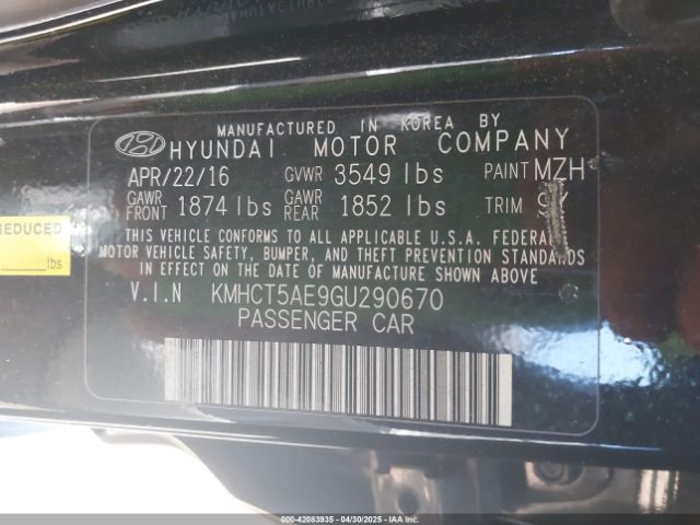 KMHCT5AE9GU290670 Hyundai ACCENT SE