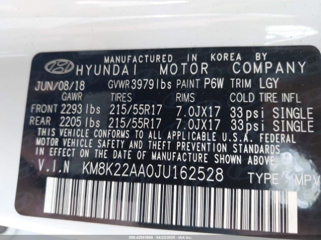 KM8K22AA0JU162528 Hyundai Kona Sel