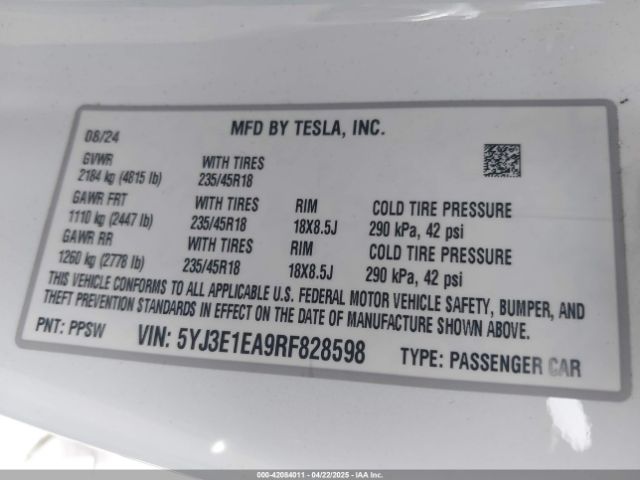 5YJ3E1EA9RF828598 Tesla Model 3 Long Range Dual Motor All-wheel Drive/rear-wheel Drive