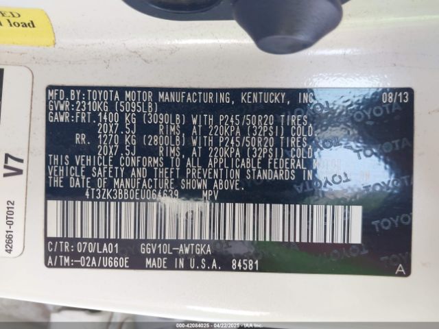 4T3ZK3BB0EU064639 Toyota Venza Xle V6