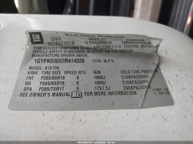 2007 CADILLAC ESCALADE 1GYFK63807R414338 Photo 8