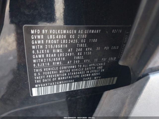 WVGAV7AX2GW595964 Volkswagen TIGUAN S