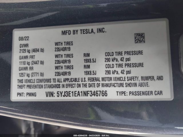 2022 TESLA MODEL 3 5YJ3E1EA1NF346766 Photo 8