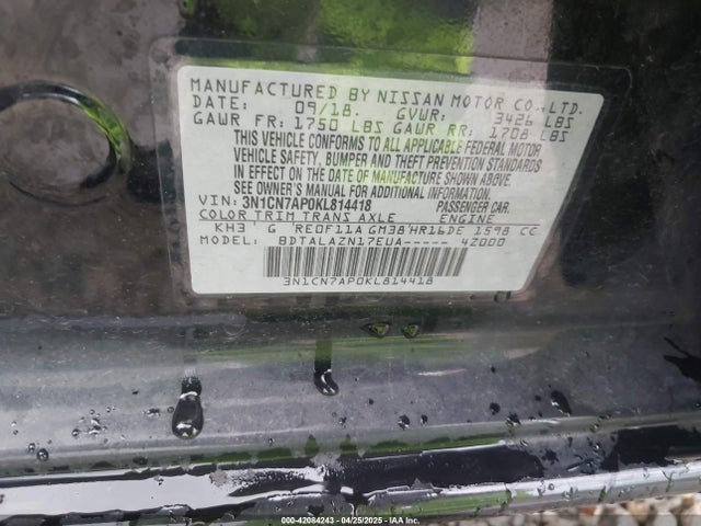 3N1CN7AP0KL814418 Nissan Versa 1.6 S+