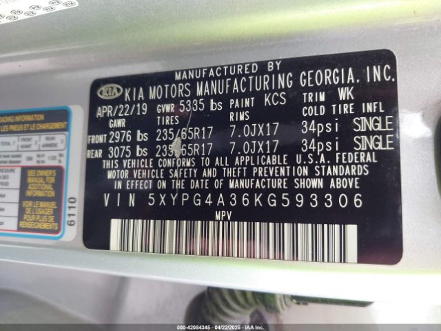 5XYPG4A36KG593306 KIA Sorento 2.4l L
