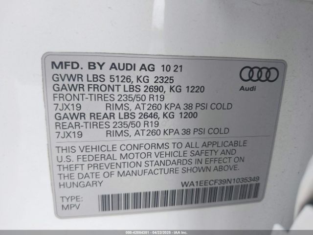 WA1EECF39N1035349 Audi Q3 Premium Plus 45 Tfsi S Line Quattro Tiptronic