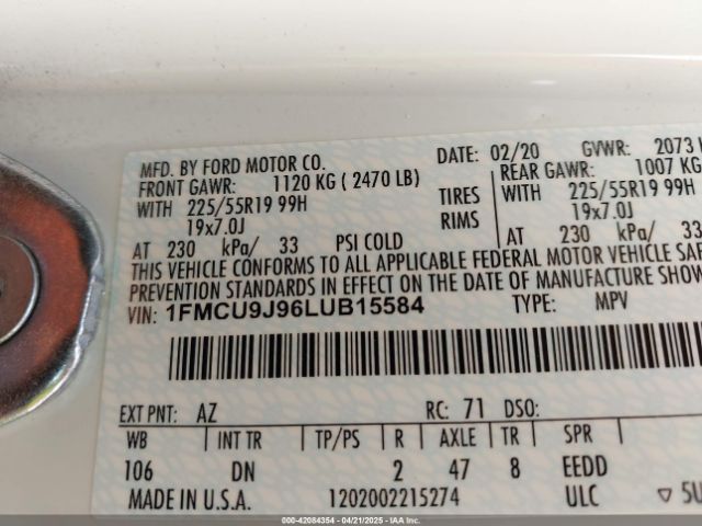 2020 FORD ESCAPE 1FMCU9J96LUB15584 Photo 8