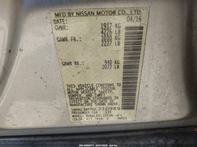 1N4AL3AP9GC210989 Nissan Altima 2.5 Sl