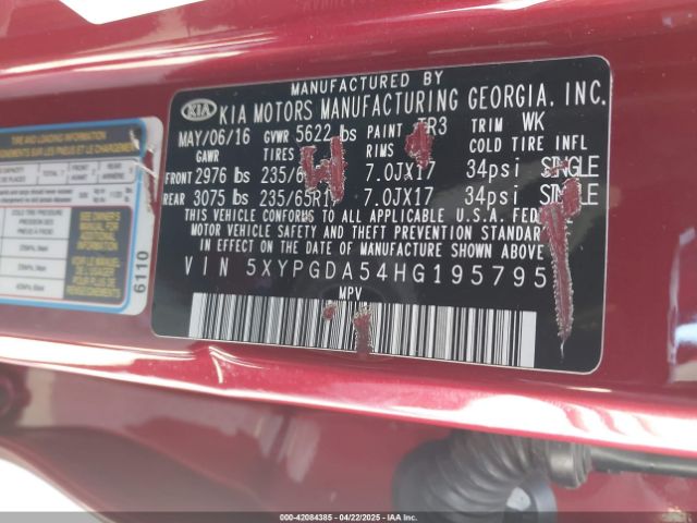5XYPGDA54HG195795 KIA Sorento 3.3l Lx