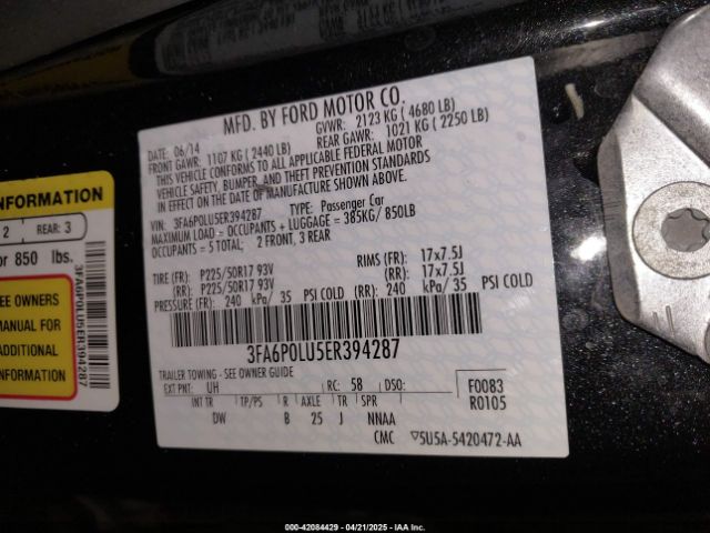 3FA6P0LU5ER394287 Ford Fusion Hybrid Se