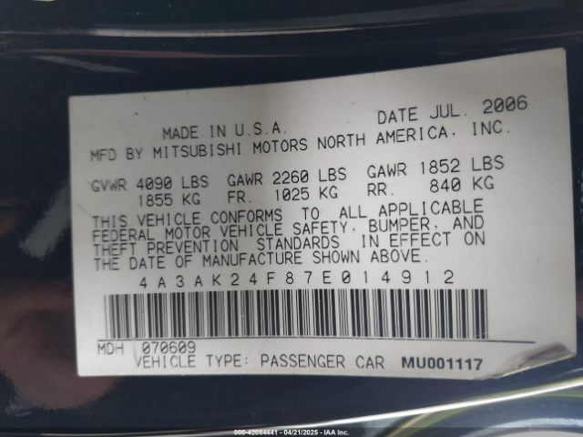 2007 MITSUBISHI ECLIPSE 4A3AK24F87E014912 Photo 8