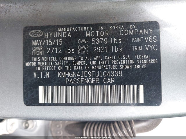 KMHGN4JE9FU104338 Hyundai gasoline 3.8 dohc mpi lambda